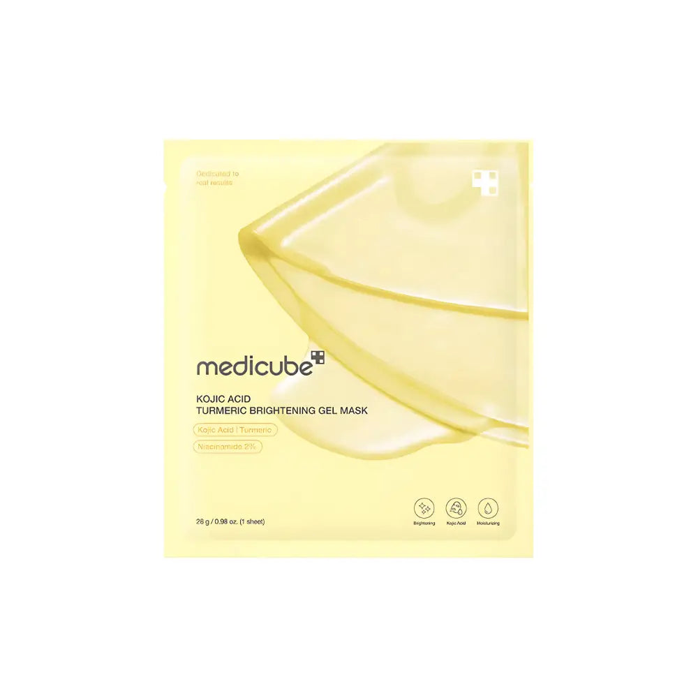 A pale yellow translucent kojic acid turmeric gel mask in a minimalist medicube pouch for uneven tone correction