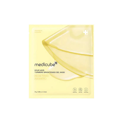 A pale yellow translucent kojic acid turmeric gel mask in a minimalist medicube pouch for uneven tone correction