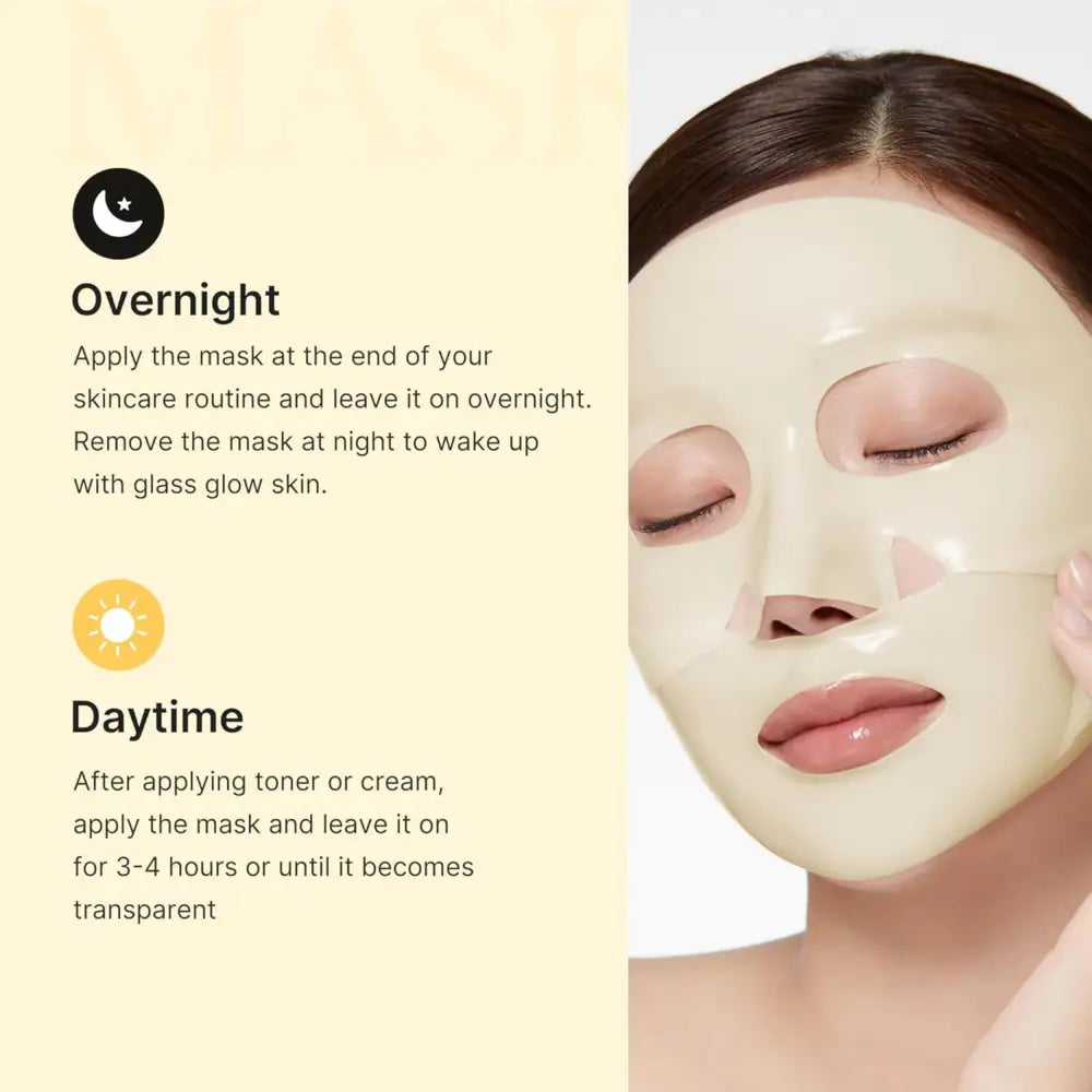 A translucent pale yellow kojic acid turmeric gel mask with glossy finish and cutouts for uneven tone treatment