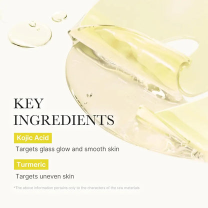 A translucent pale yellow kojic acid turmeric gel mask flows from a clear glass bottle onto a white surface