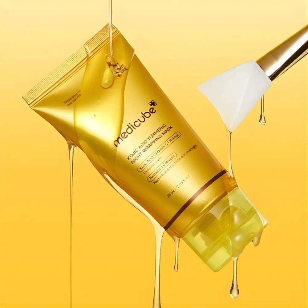 Golden metallic tube of medicube kojic acid turmeric night wrapping mask for korean skincare south africa use