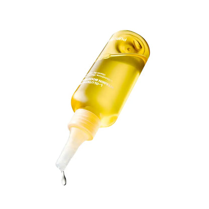 A translucent yellow purina l-glutathione vitamin boosting toner bottle with white dropper for korean skincare south africa