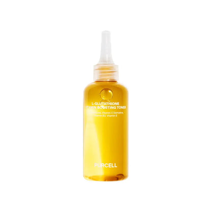 A transparent amber glass bottle with white dropper cap labeled l-glutathione vitamin boosting toner for korean skincare south africa