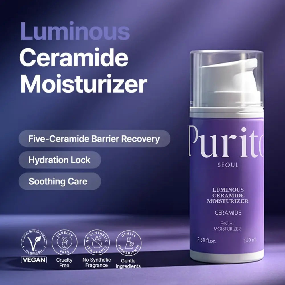 Purple cylindrical bottle of Purito Seoul luminous ceramide moisturizer 100ml with white pump and clear cap