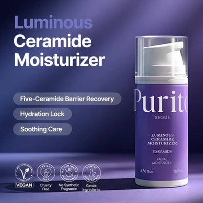 Purple cylindrical bottle of Purito Seoul luminous ceramide moisturizer 100ml with white pump and clear cap
