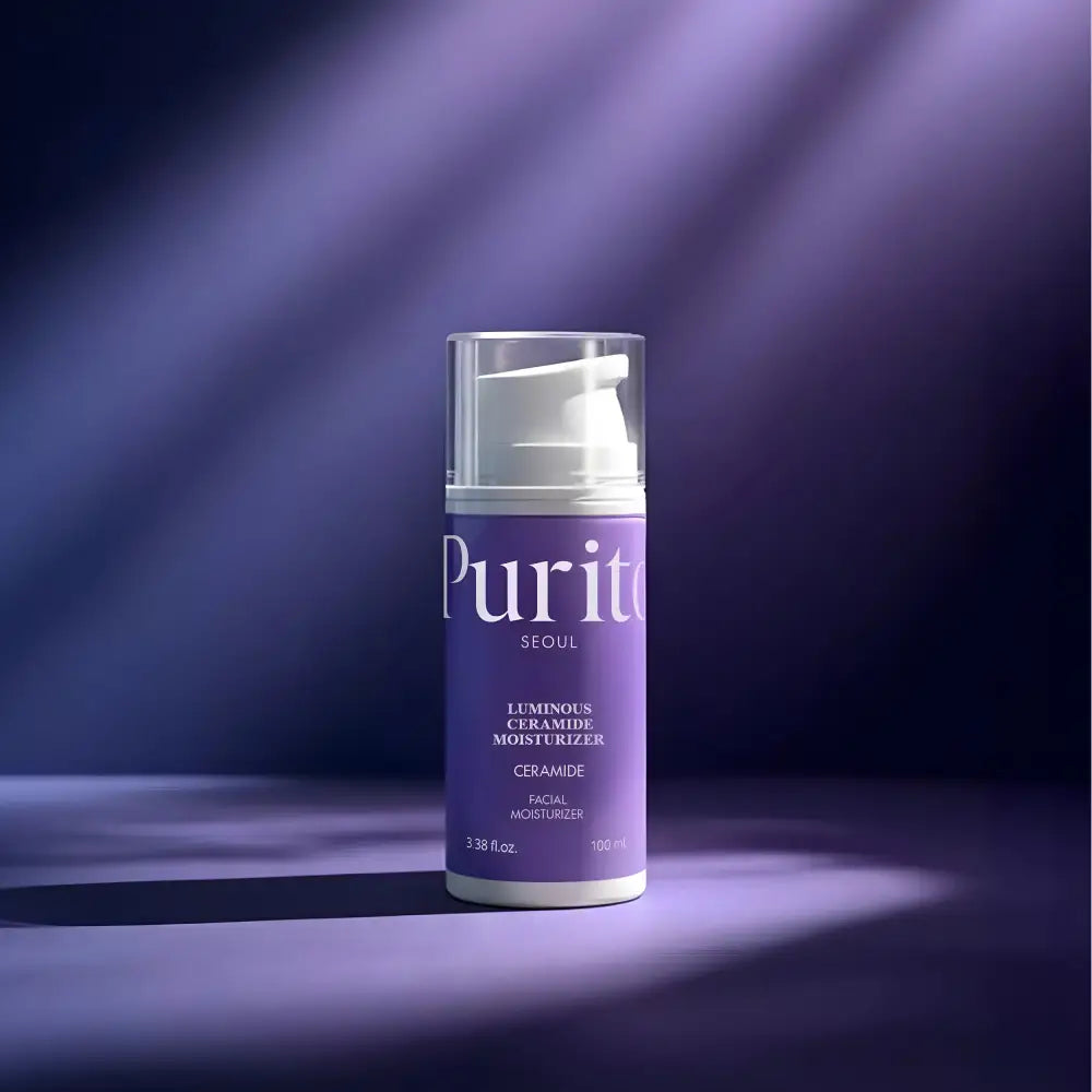 Purple cylindrical bottle of purito seoul luminous ceramide moisturizer 100ml with clear pump and white cap