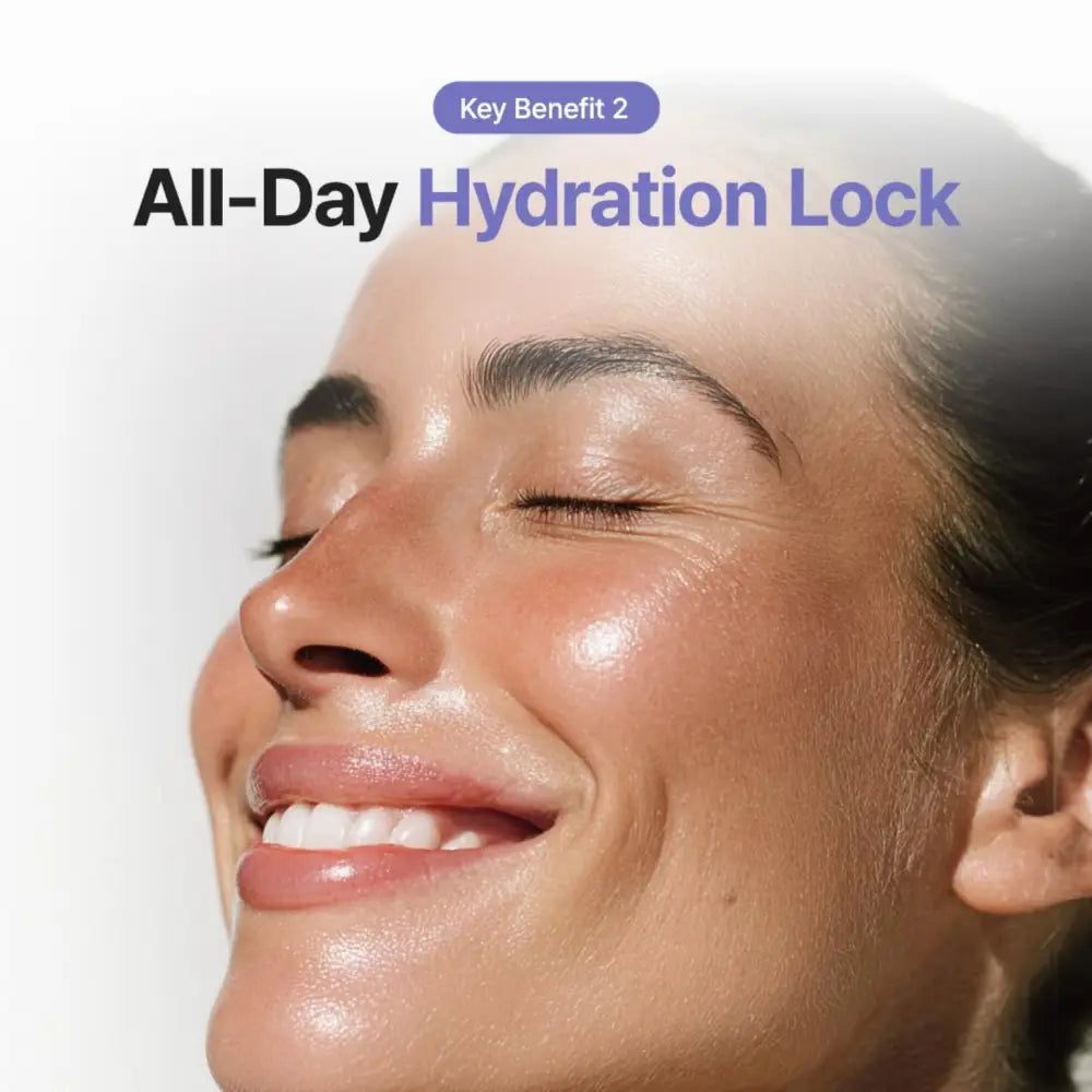 A radiant woman with dewy skin and closed eyes demonstrating the effects of luminous ceramide moisturizer 100ml