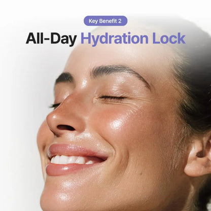 A radiant woman with dewy skin and closed eyes demonstrating the effects of luminous ceramide moisturizer 100ml