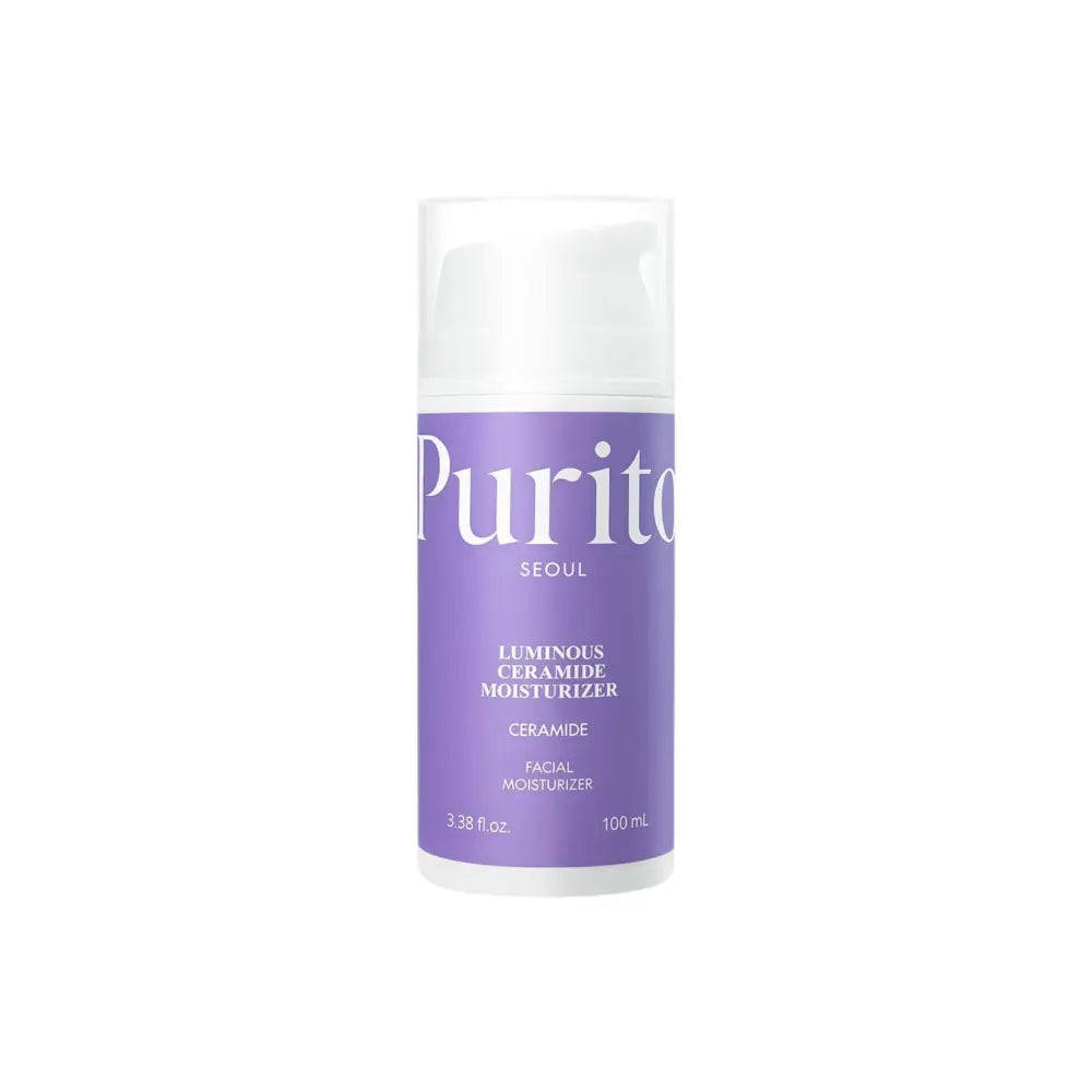 A sleek purple bottle of purito seoul luminous ceramide moisturizer 100ml with white pump and minimalist label design