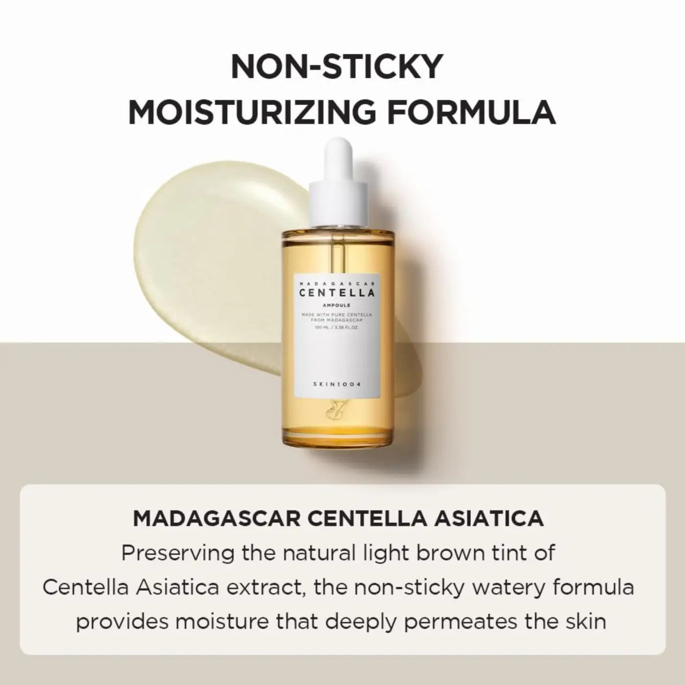 A clear glass bottle with white dropper cap containing amber madagascar centella ampoule by skin100 authentic korean skincare