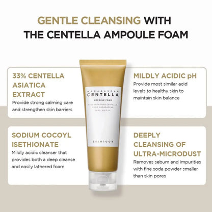 A gold-tinted tube of skin1004 madagascar centella ampoule foam 125ml with a white label and clear plastic cap