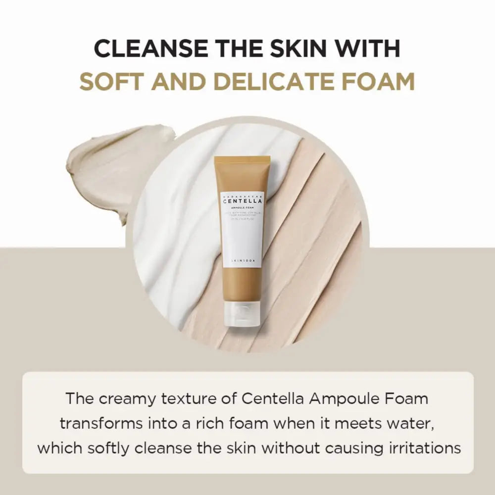 A sleek beige-tinted tube of innisfree madagascar centella ampoule foam 125ml featuring centella ampoule foam formula