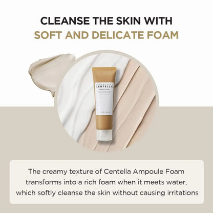 A sleek beige-tinted tube of innisfree madagascar centella ampoule foam skincare cleanser for soothing skin care