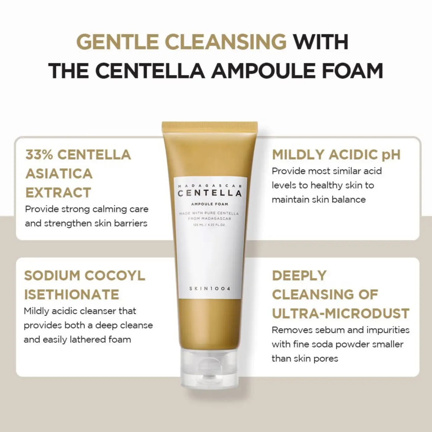 A gold-tinted skin1004 madagascar centella ampoule foam tube with a white label and clear plastic cap