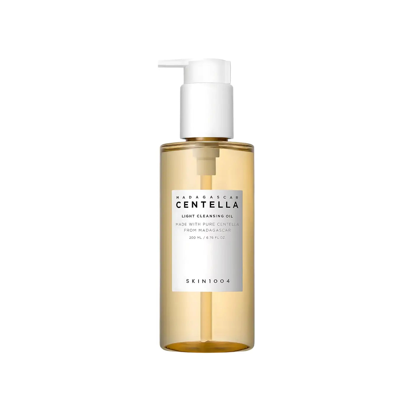 A transparent amber glass bottle with white pump labeled madagascar centella light cleansing oil by skin1004