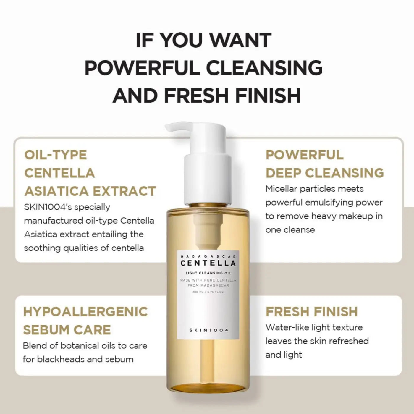A clear glass bottle with a white pump containing golden-yellow madagascar centella light cleansing oil by skin1004