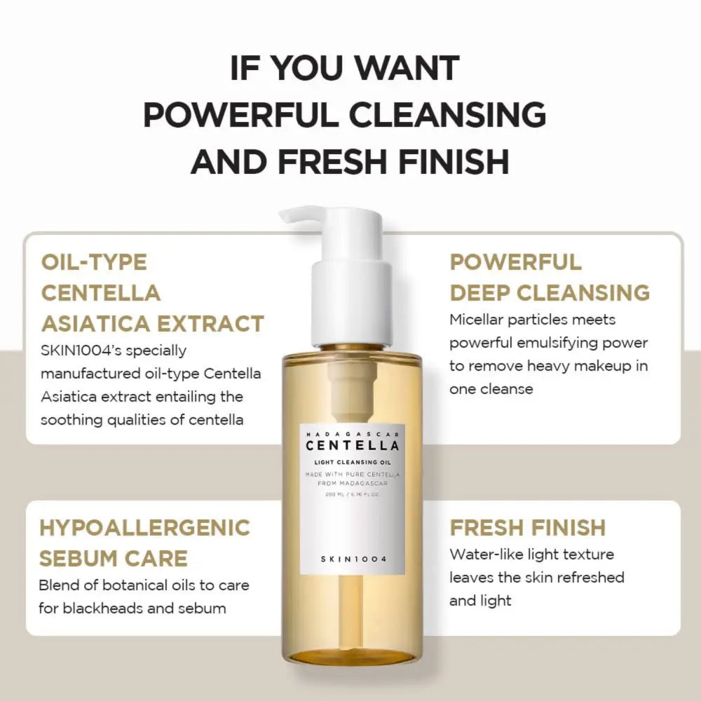 A clear glass bottle with white pump dispenser containing golden-yellow madagascar centella light cleansing oil by skin1004 for authentic k-beauty