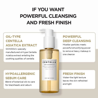 A clear glass bottle with white pump dispenser containing golden-yellow madagascar centella light cleansing oil by skin1004 for authentic k-beauty