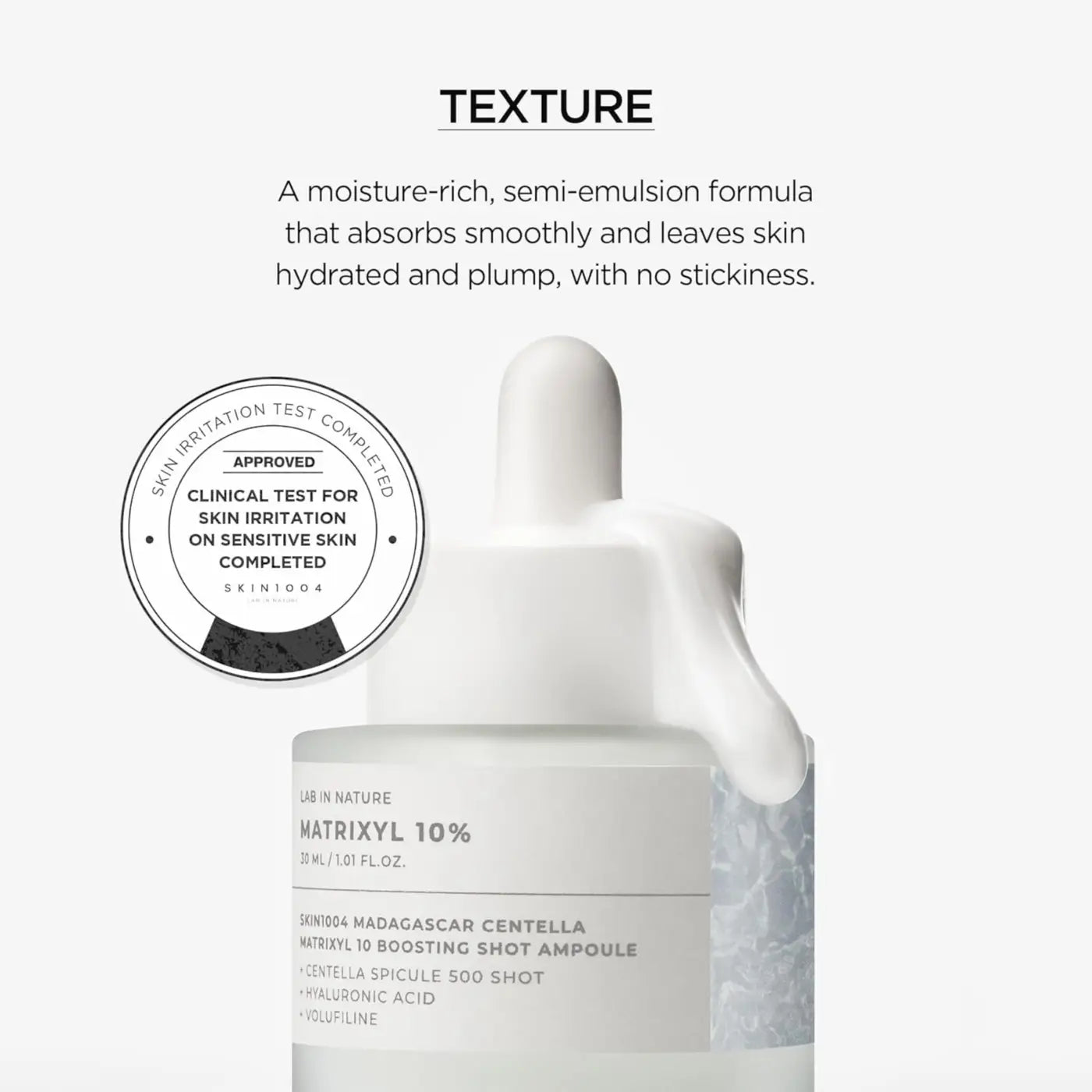 A sleek white glass bottle with dropper cap of madagascar centella matrixyl boosting shot ampoule for skin care