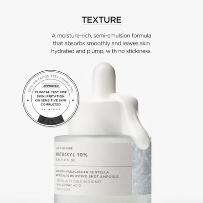 A sleek white glass bottle with dropper cap of madagascar centella matrixyl boosting shot ampoule for skin care