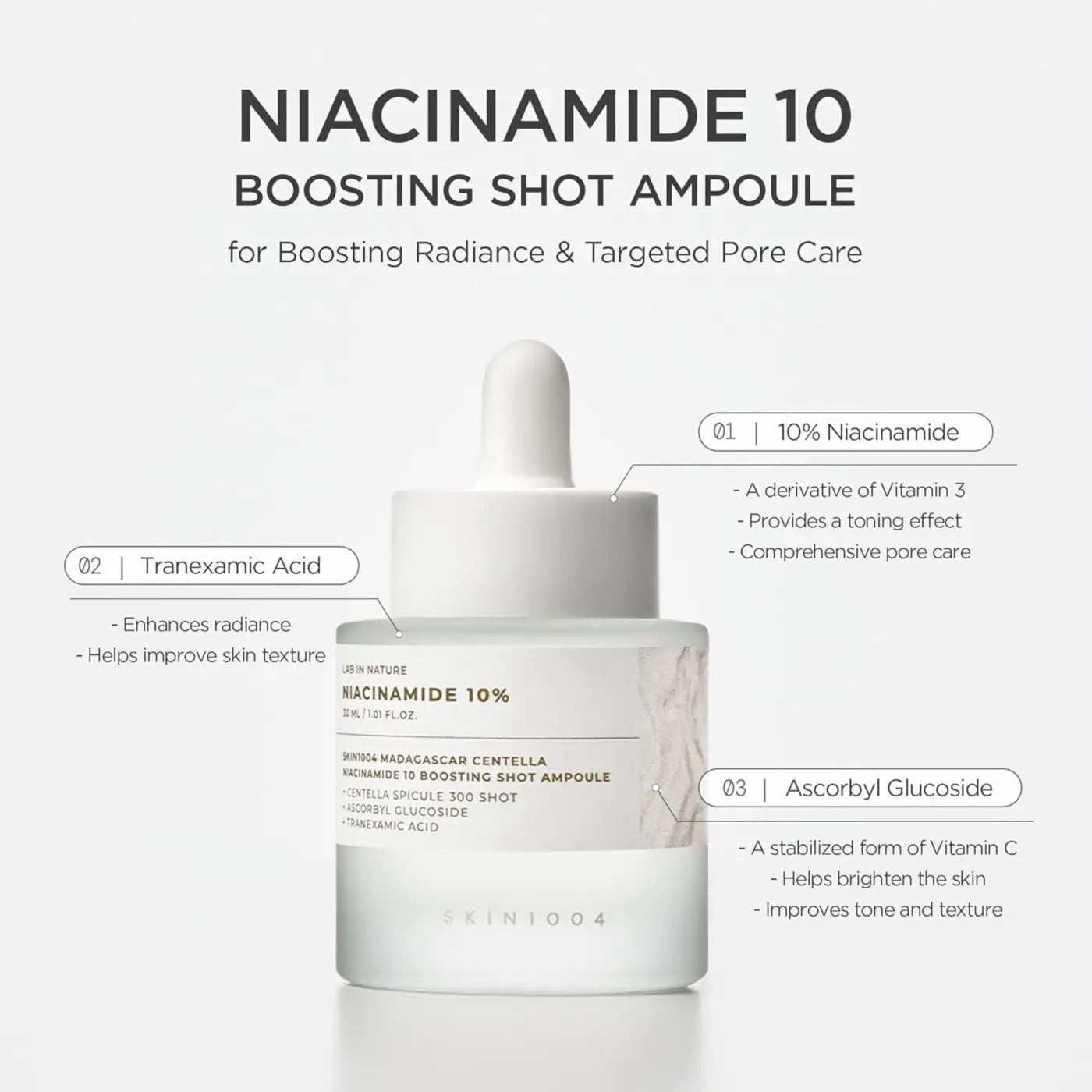 White glass dropper bottle with frosted texture and pipette for precise application of madagascar centella niacinamide boosting shot ampoule