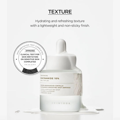 White glass bottle with dropper cap labeled niacinamide 10% by skin1004 madagascar centella niacinamide boosting shot ampoule