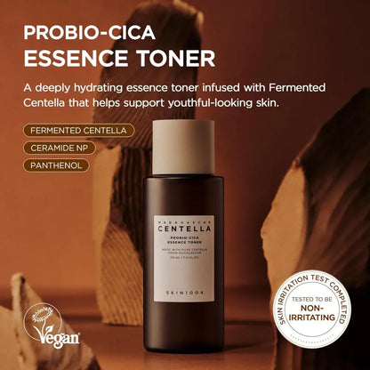 Dark brown glass bottle with matte white cap and minimalist label of skin1004 madagascar centella probio-cica essence toner 210ml