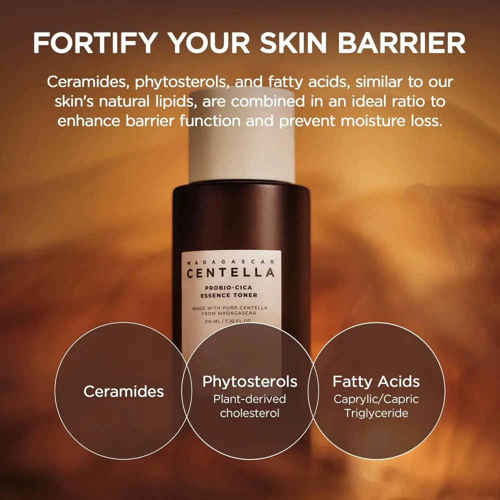 Dark brown glass bottle with white cap and minimalist label of madagascar centella probio-cica essence toner 210ml