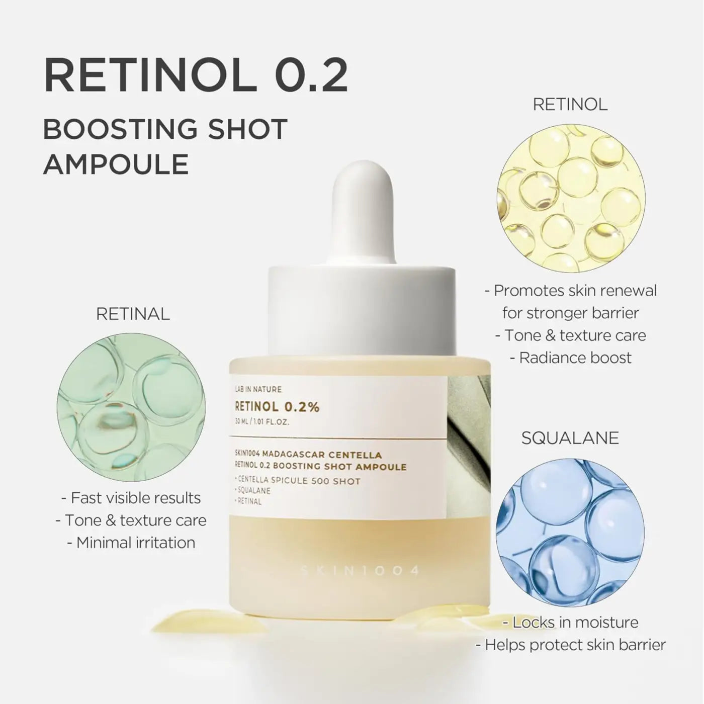A clear glass bottle with white dropper cap containing pale yellow madagascar centella retinol boosting shot ampoule 30ml