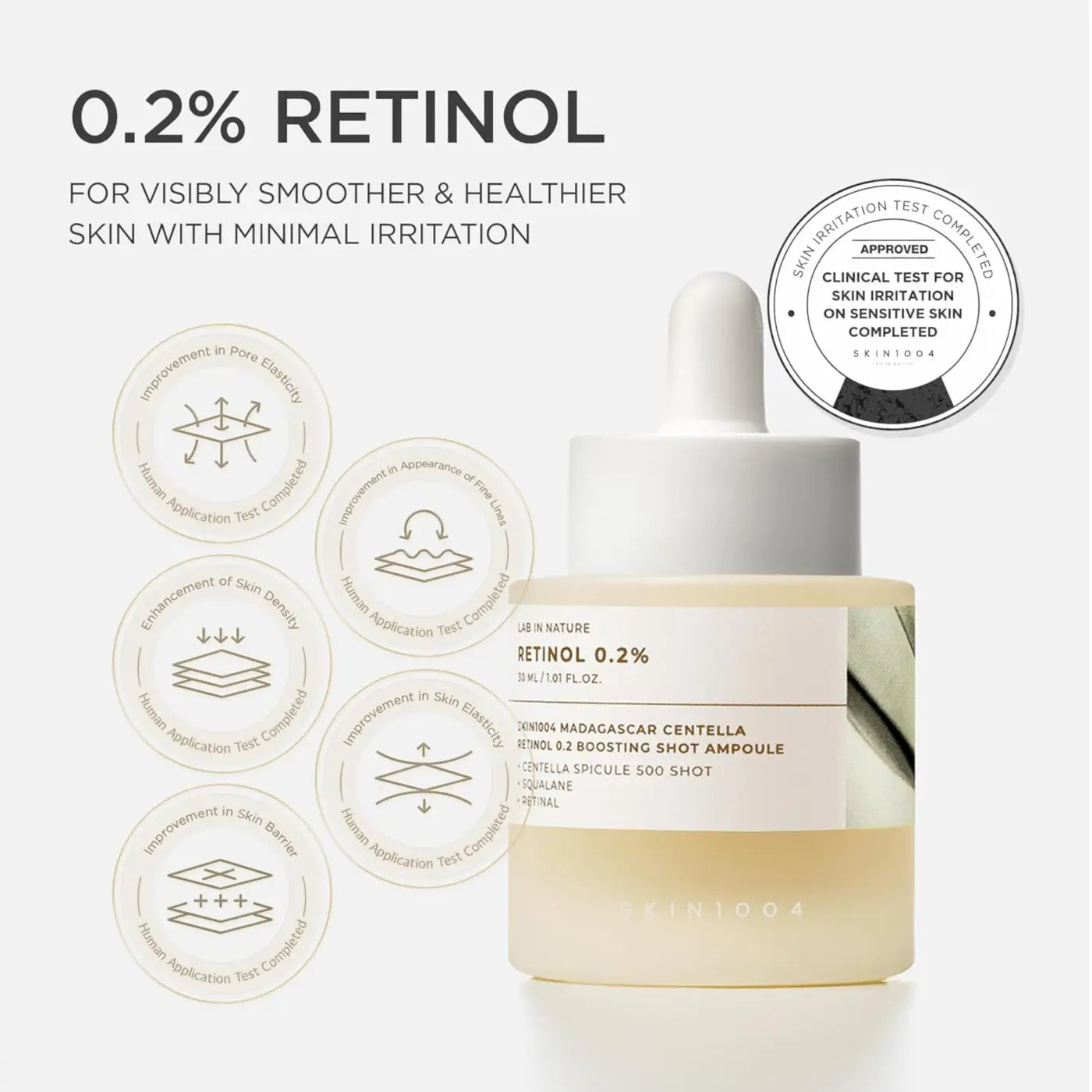 A sleek transparent glass bottle with white dropper cap contains pale yellow madagascar centella retinol boosting shot ampoule 30ml