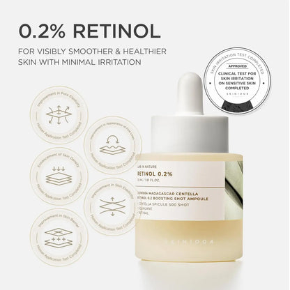 A sleek transparent glass bottle with white dropper cap contains pale yellow madagascar centella retinol boosting shot ampoule 30ml