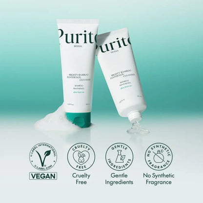White tube of purito seoul mighty bamboo panthenol cleanser 150ml with teal cap and minimalist green text for authentic k-beauty