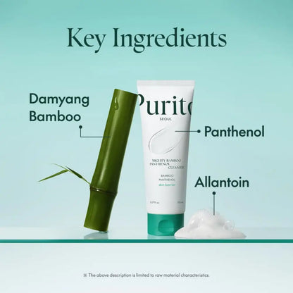 White tube of Purito mighty bamboo panthenol cleanser 150ml with teal cap featuring panthenol and allantoin for authentic k-beauty