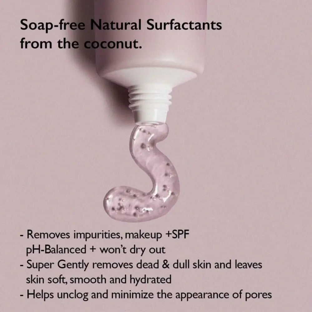 Moisture 5.5 soft cleansing gel unscented with translucent pink gel and black rice specks extruded from white squeeze tube