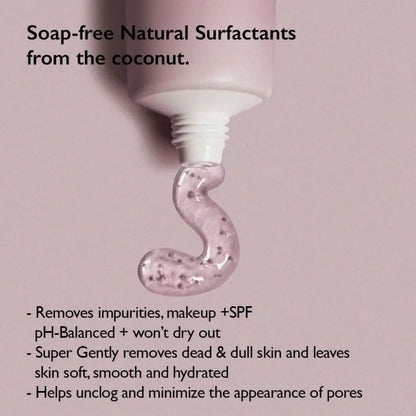 Moisture 5.5 soft cleansing gel unscented with translucent pink gel and black rice specks extruded from white squeeze tube