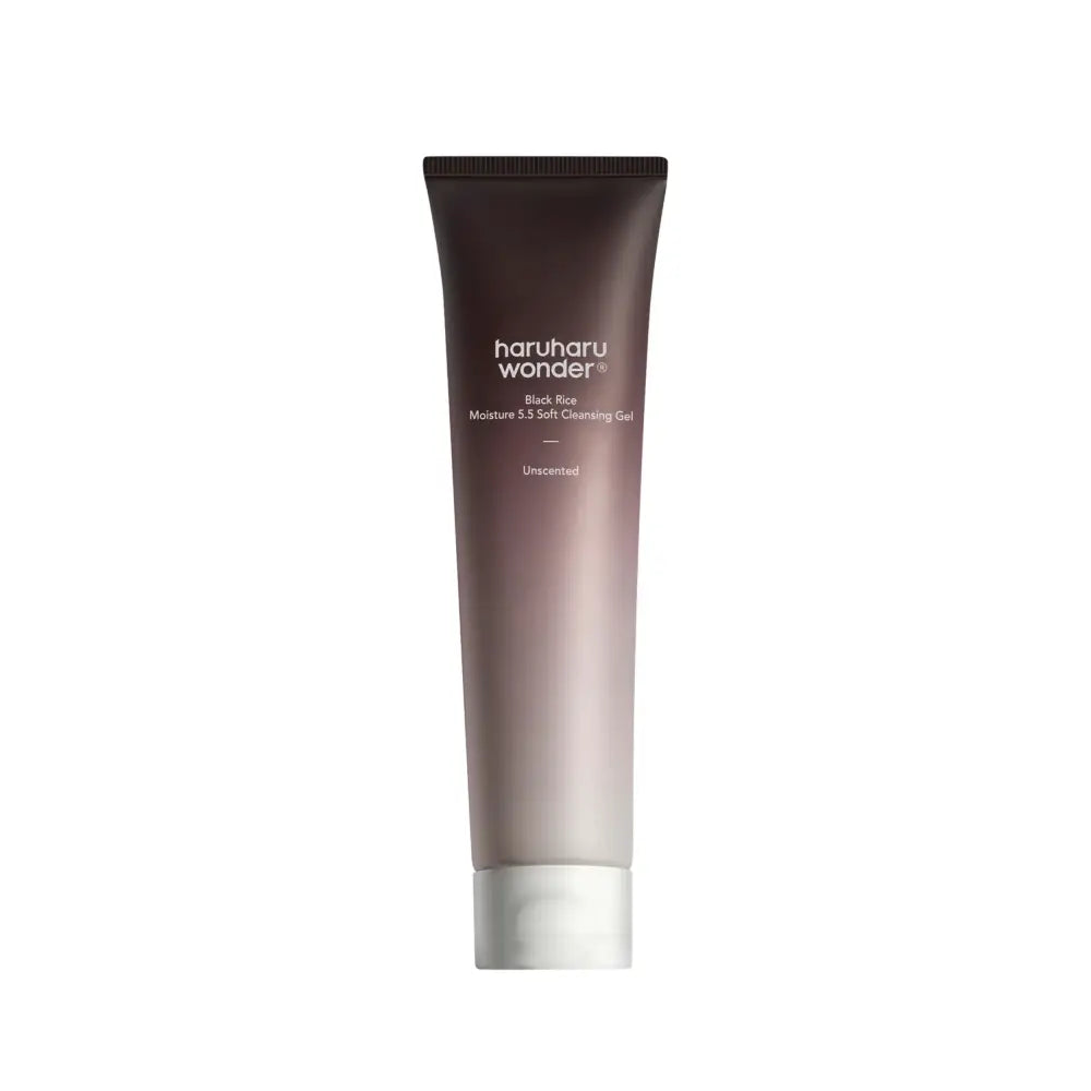 A sleek gradient-silver tube of haruharu wonder black rice soft cleansing gel moisture 5.5 with a matte finish and white cap