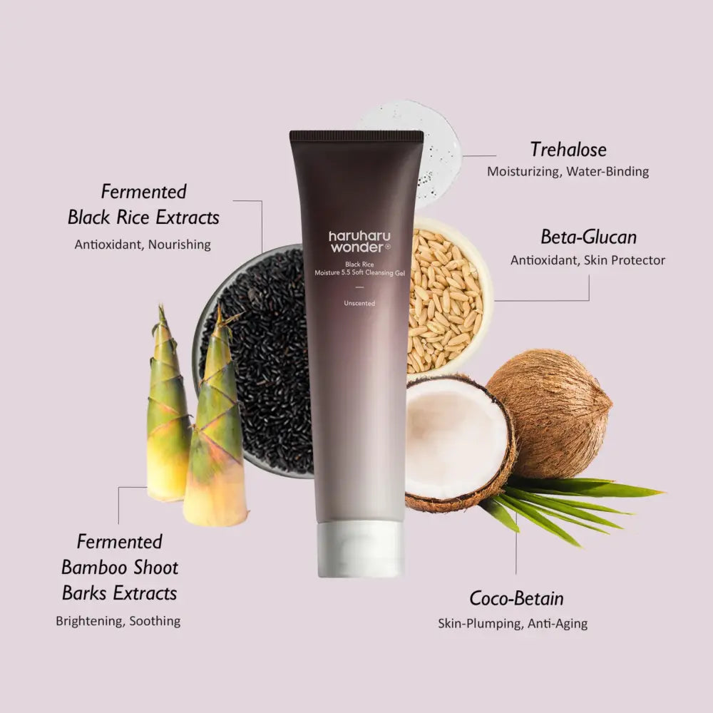 A sleek dark brown tube of haruharu wonder black rice moisture 5.5 soft cleansing gel with white cap and minimalist labeling