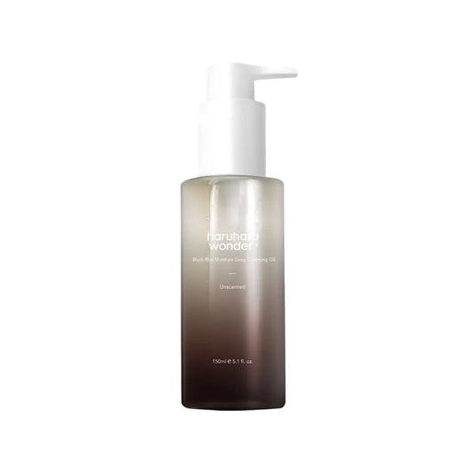 A sleek gradient-tinted glass bottle with white pump contains haruhana wonder black wax moisture cleansing oil authentic k-beauty