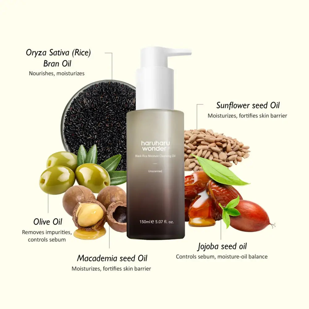 A sleek gradient-tinted glass bottle with white pump contains haruharu wonder moisture cleansing oil unscented from best korean skincare brands sa