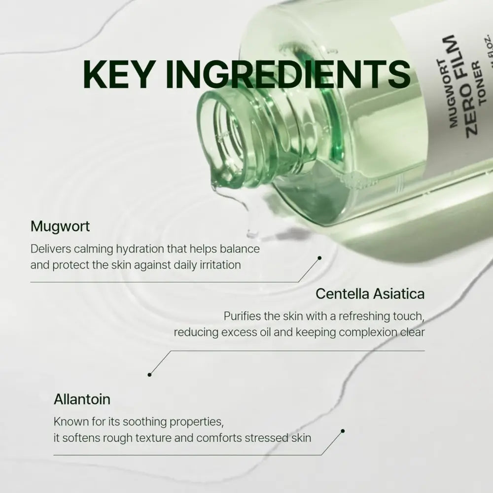 Clear glass bottle of mugwort soothe in toner 160ml with white label and green liquid from the seoul palette