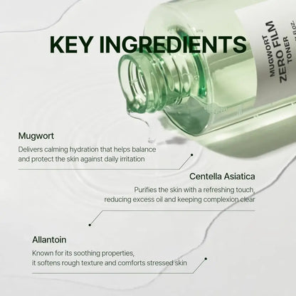 Clear glass bottle of mugwort soothe in toner 160ml with white label and green liquid from the seoul palette