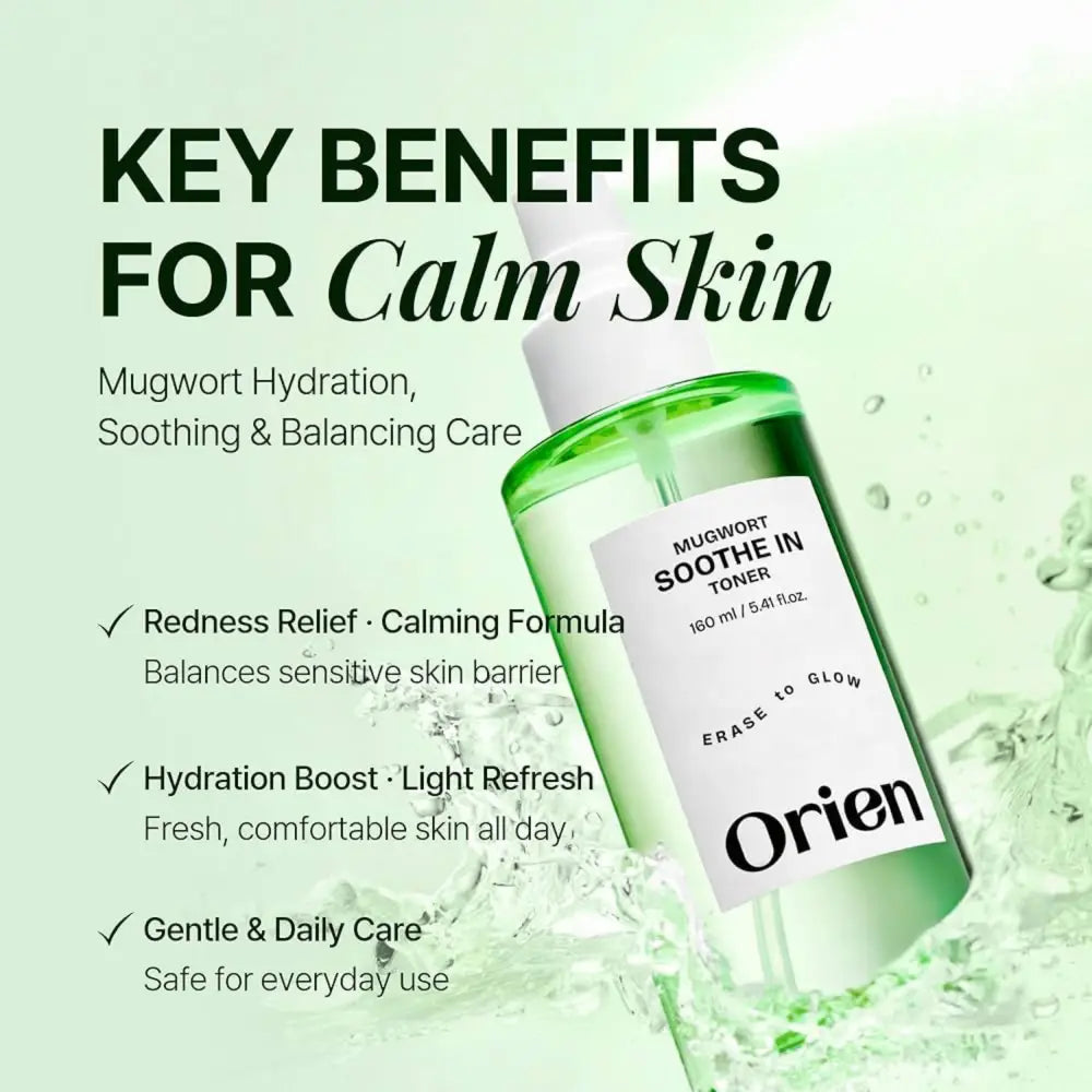 Green glass bottle of orien mugwort soothe in toner 160ml from best korean skincare brands sa and the seoul palette