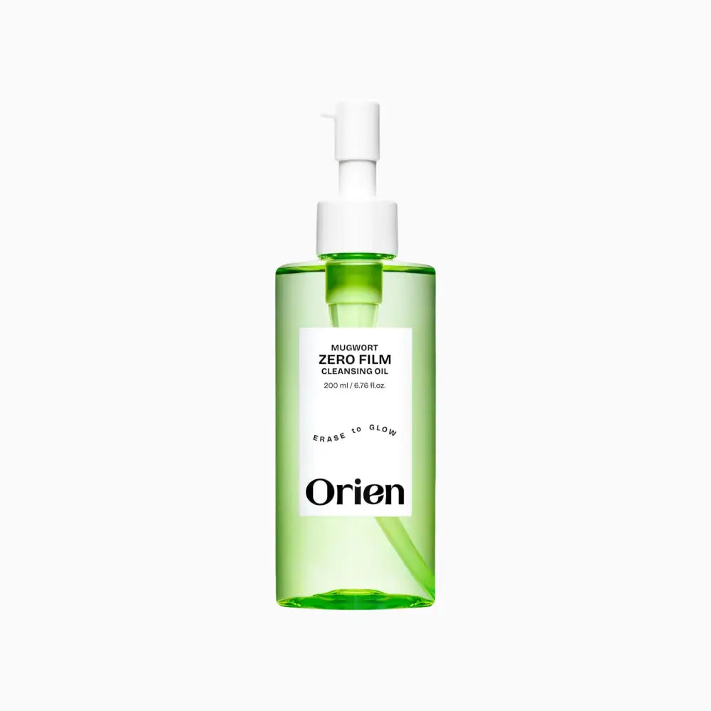 A translucent green orien mugwort zero film cleansing oil bottle with white pump and minimalist label 200ml