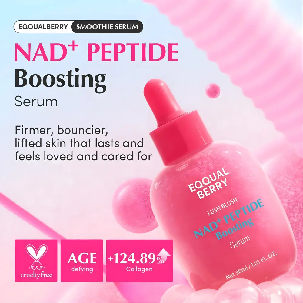 Pink glass bottle of equalberry nad plus peptide boosting serum 30ml with red dropper cap from best korean skincare brands sa