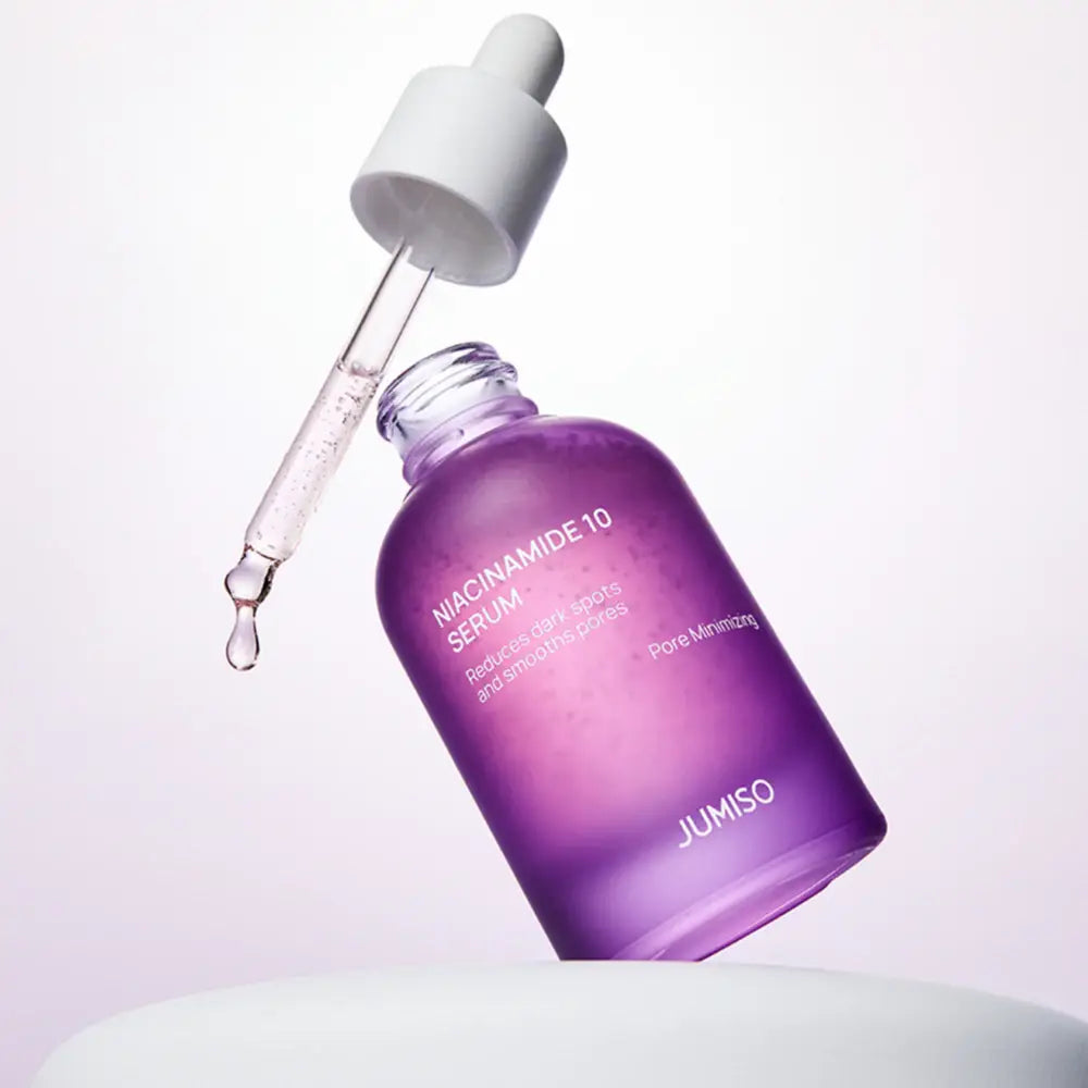 Purple glass bottle of jumiso niacinamide 10 serum 40ml with white dropper in authentic korean skincare product range