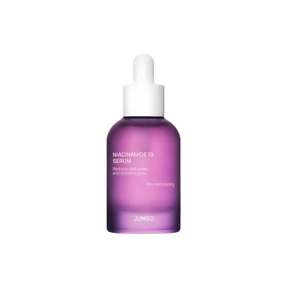 A sleek translucent purple glass bottle with white dropper cap containing jumiso niacinamide 10% serum 40ml for authentic korean skincare