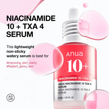 A sleek transparent glass bottle with white dropper cap and red label anua niacinamide 10 plus txa 4 serum for dark spots uses tranexamic acid in korean skincare south