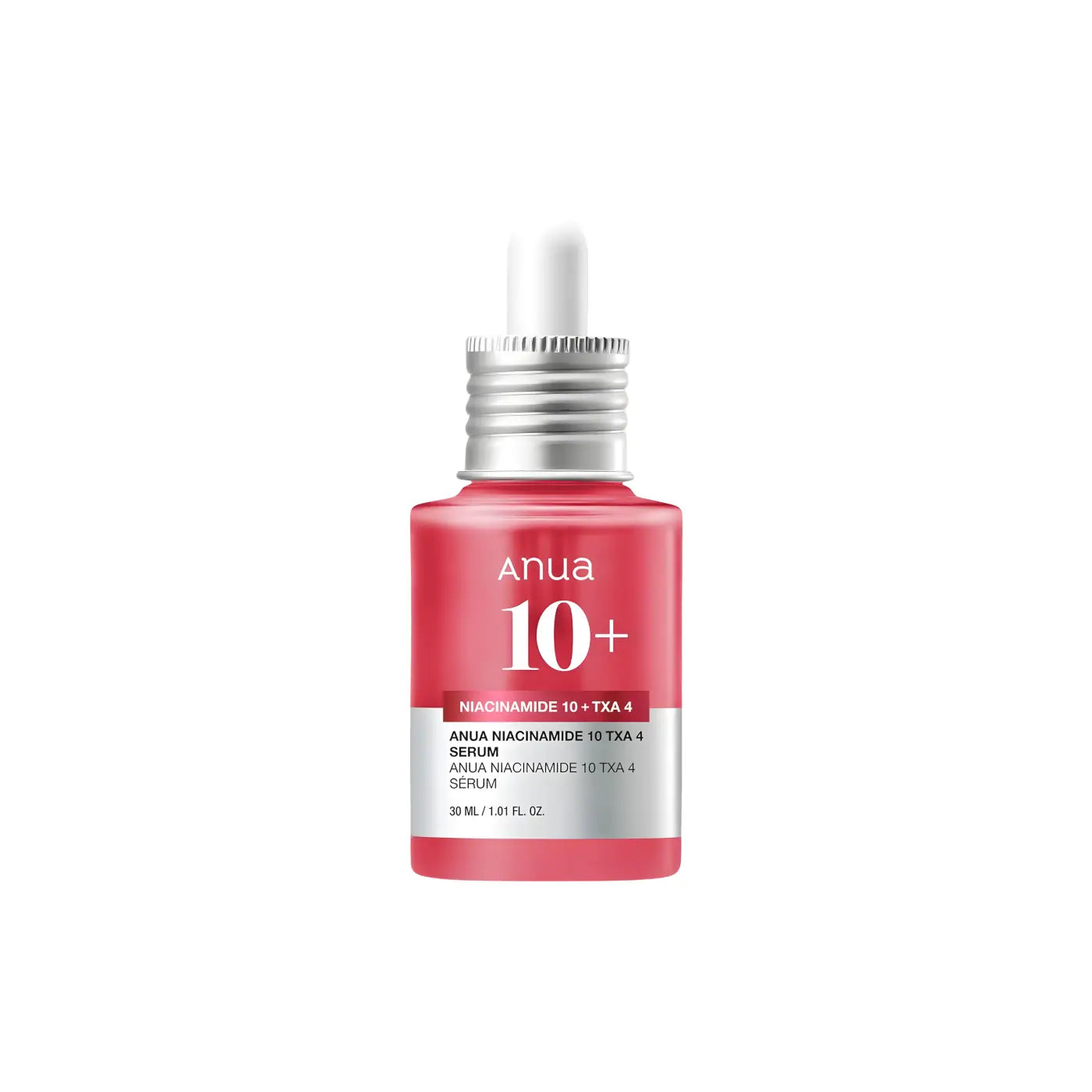 A sleek glass bottle with vibrant pink niacinamide 10% plus tranexamic acid serum for dark spots korean skincare south