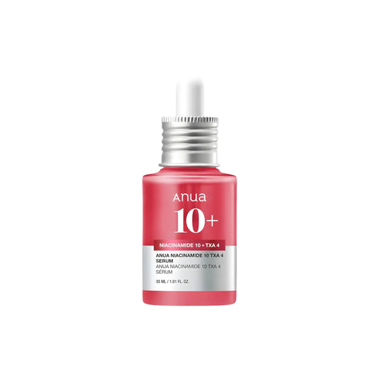 A sleek glass bottle with vibrant pink niacinamide 10% plus tranexamic acid serum for dark spots korean skincare south