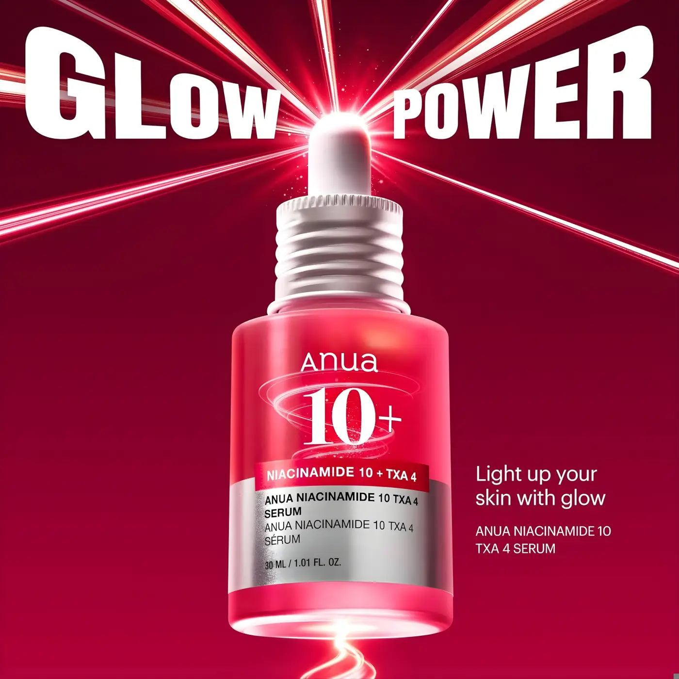A sleek red glass bottle of anua niacinamide 10 plus txa 4 serum for dark spots with tranexamic acid korean skincare south